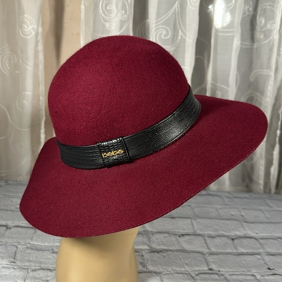 Bebe Burgundy Wine Wool Felt Wide Brim Fedora Hat Women's One Size - Picture 4 of 14